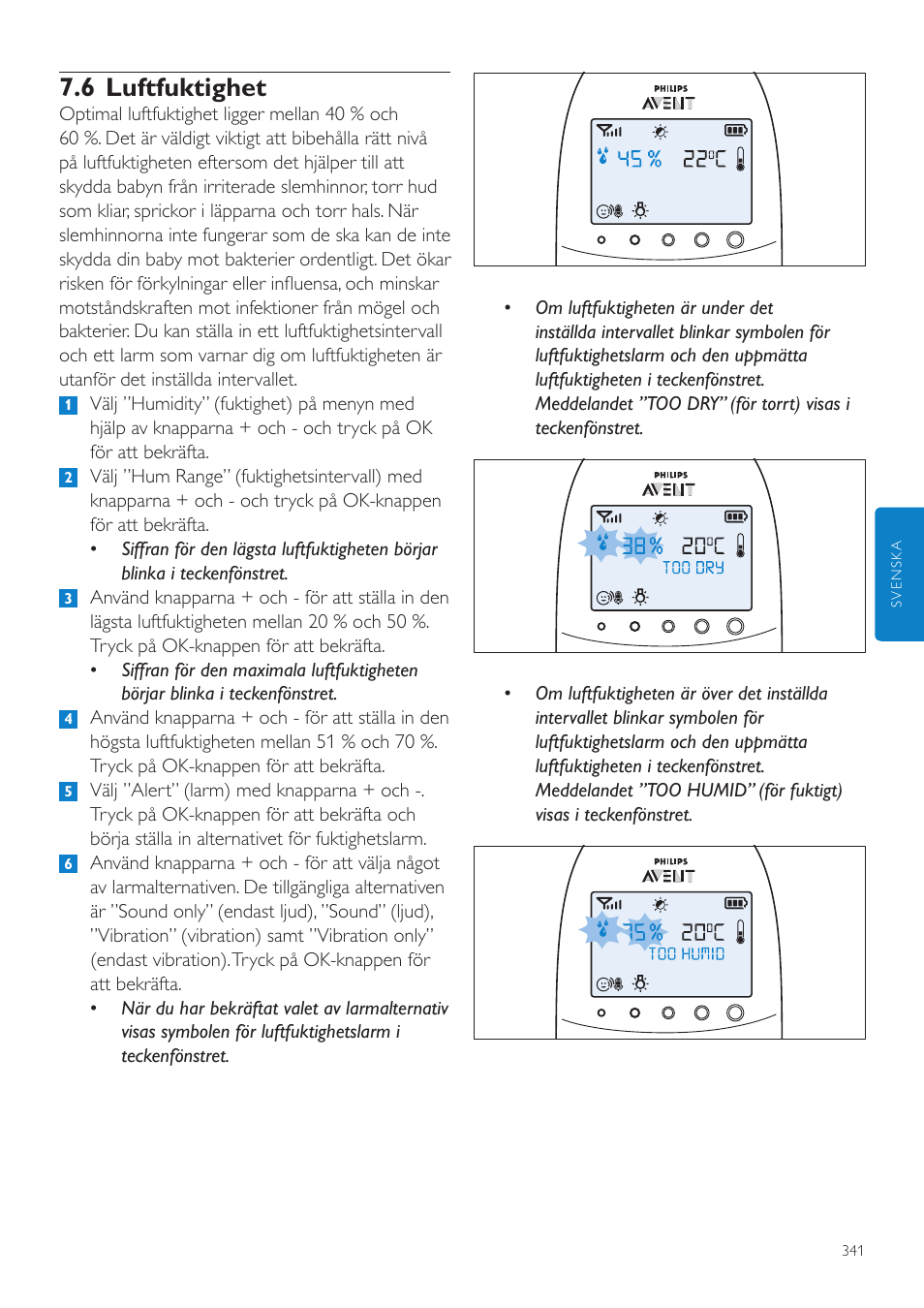 6 luftfuktighet | Philips AVENT Écoute-bébé DECT User Manual | Page 341 / 400