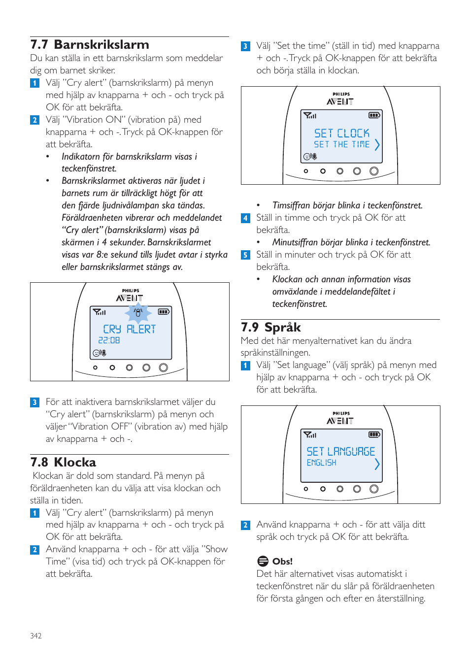 9 språk, 7 barnskrikslarm, 8 klocka | Philips AVENT Écoute-bébé DECT User Manual | Page 342 / 400