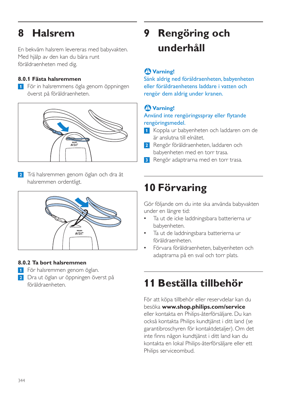 8 halsrem, Rengöring och underhåll, 10 förvaring | 11 beställa tillbehör, 9 rengöring och underhåll | Philips AVENT Écoute-bébé DECT User Manual | Page 344 / 400