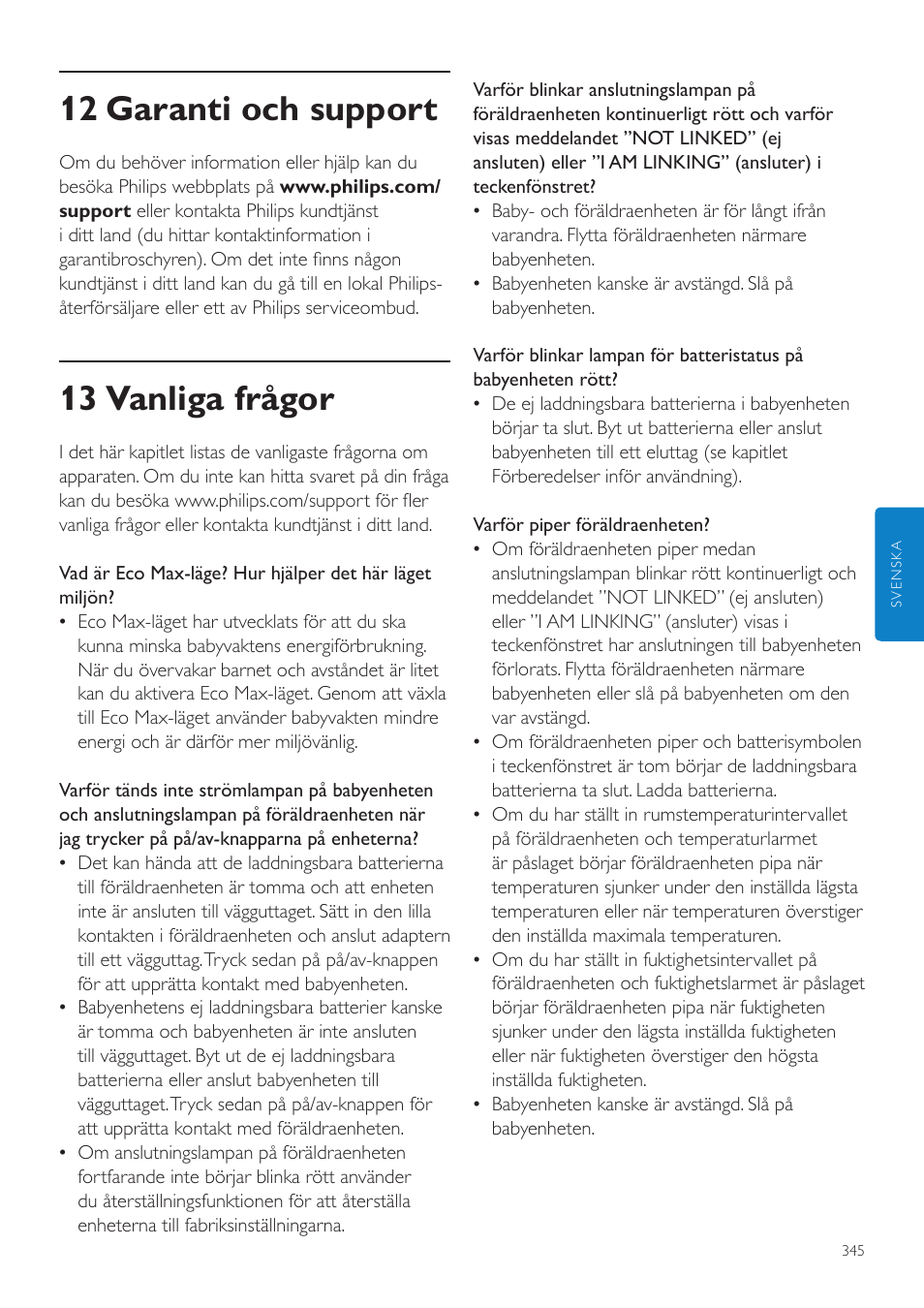 12 garanti och support, 13 vanliga frågor | Philips AVENT Écoute-bébé DECT User Manual | Page 345 / 400