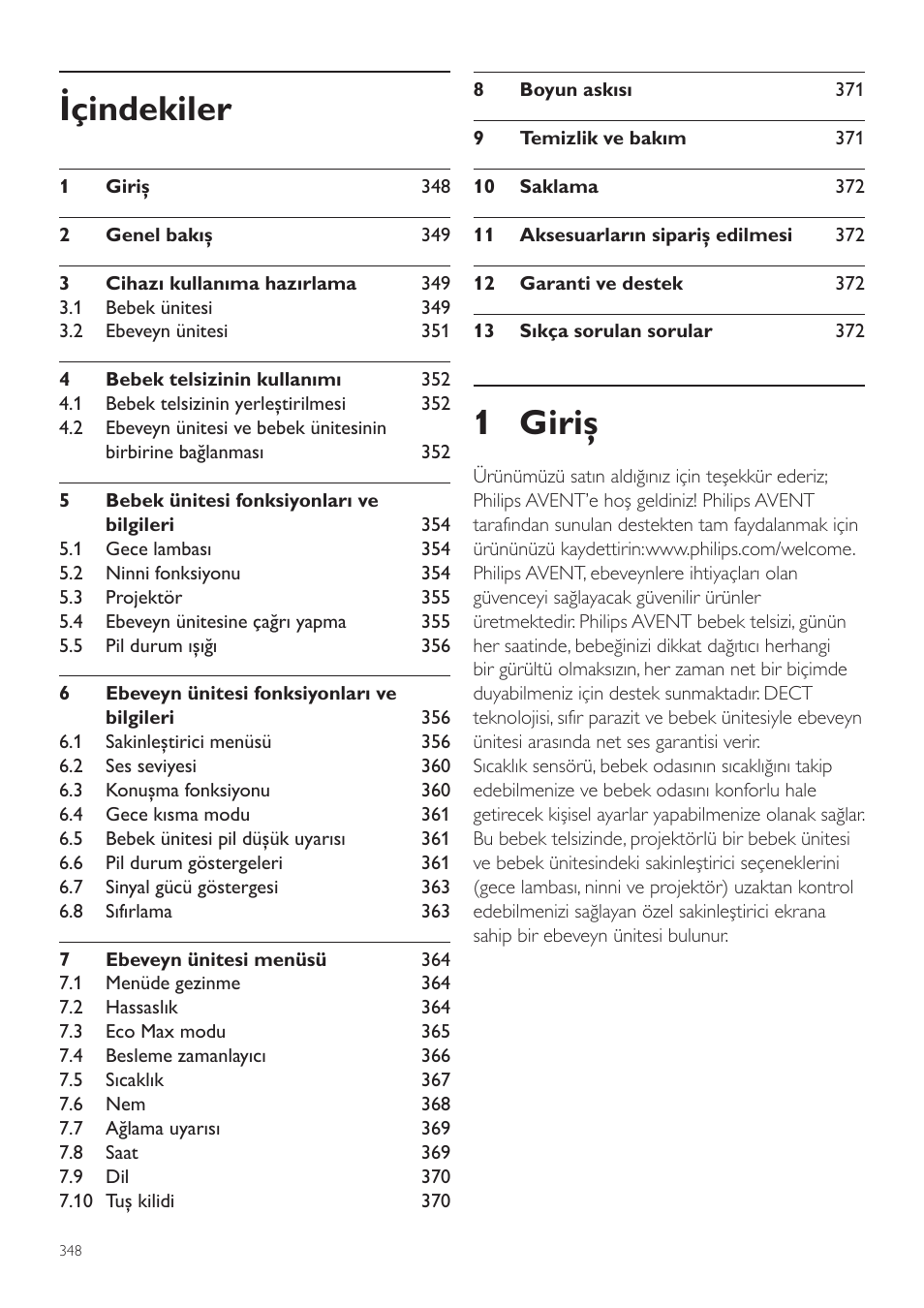 Türkçe, Tr kullanım kılavuzu, 1 giriş | Içindekiler | Philips AVENT Écoute-bébé DECT User Manual | Page 348 / 400