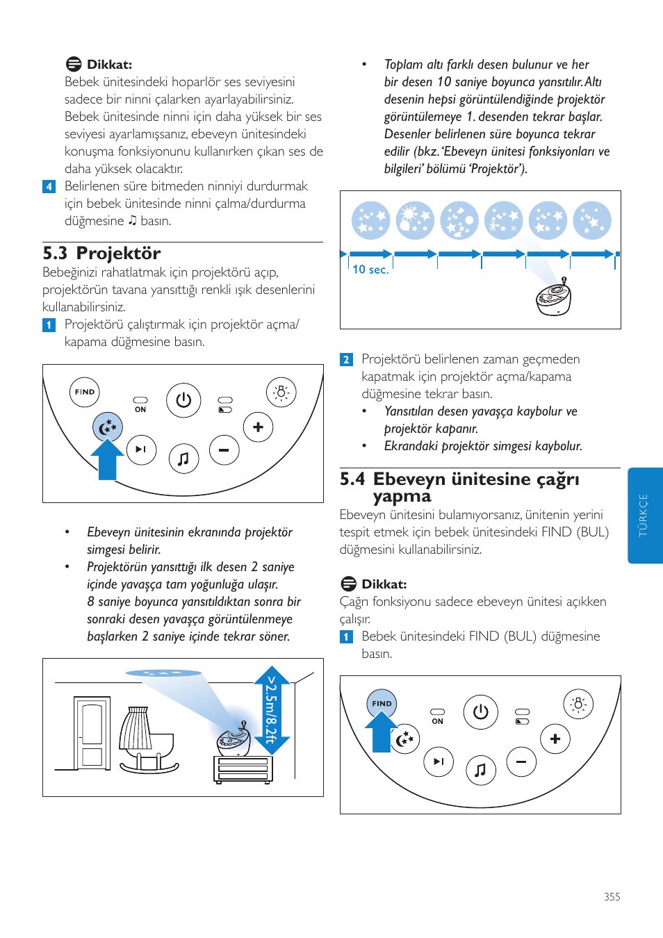 3 projektör, 4 ebeveyn ünitesine çağrı yapma | Philips AVENT Écoute-bébé DECT User Manual | Page 355 / 400