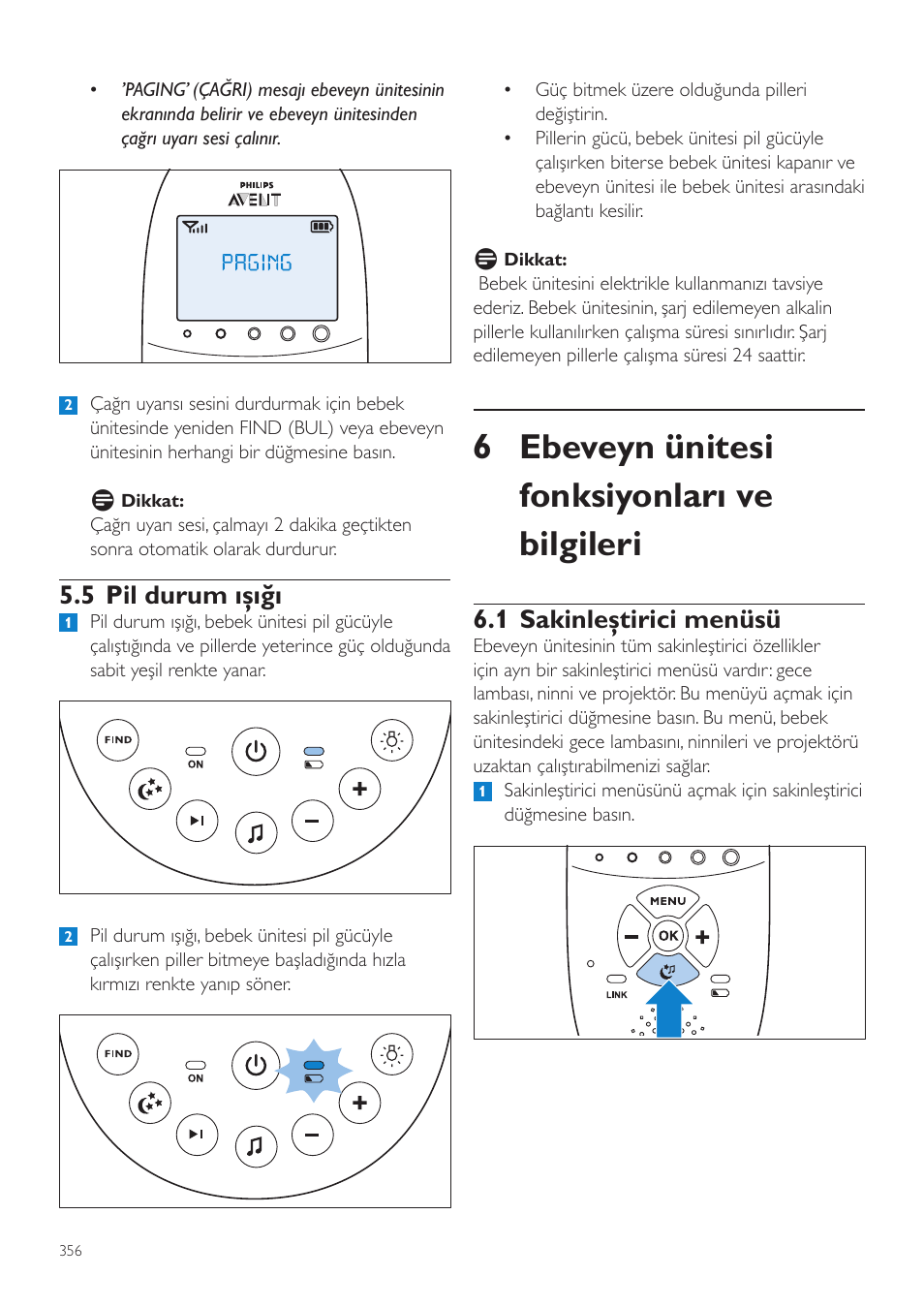 5 pil durum ışığı, Ebeveyn ünitesi fonksiyonları ve, Bilgileri | 1 sakinleştirici menüsü, 6 ebeveyn ünitesi fonksiyonları ve bilgileri | Philips AVENT Écoute-bébé DECT User Manual | Page 356 / 400