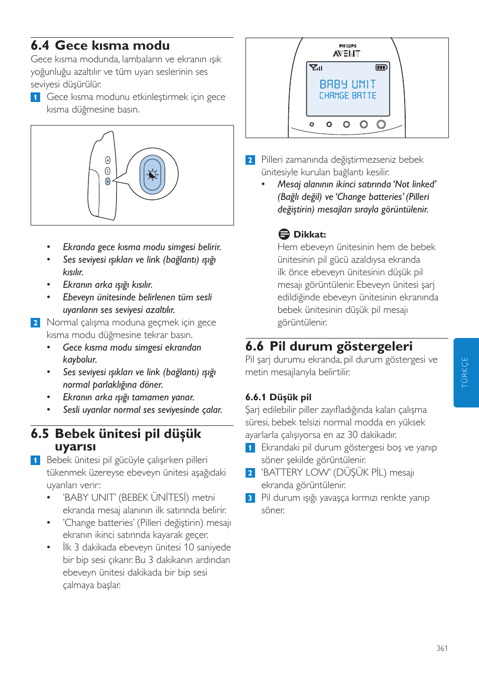 4 gece kısma modu, 5 bebek ünitesi pil düşük uyarısı, 6 pil durum göstergeleri | Philips AVENT Écoute-bébé DECT User Manual | Page 361 / 400