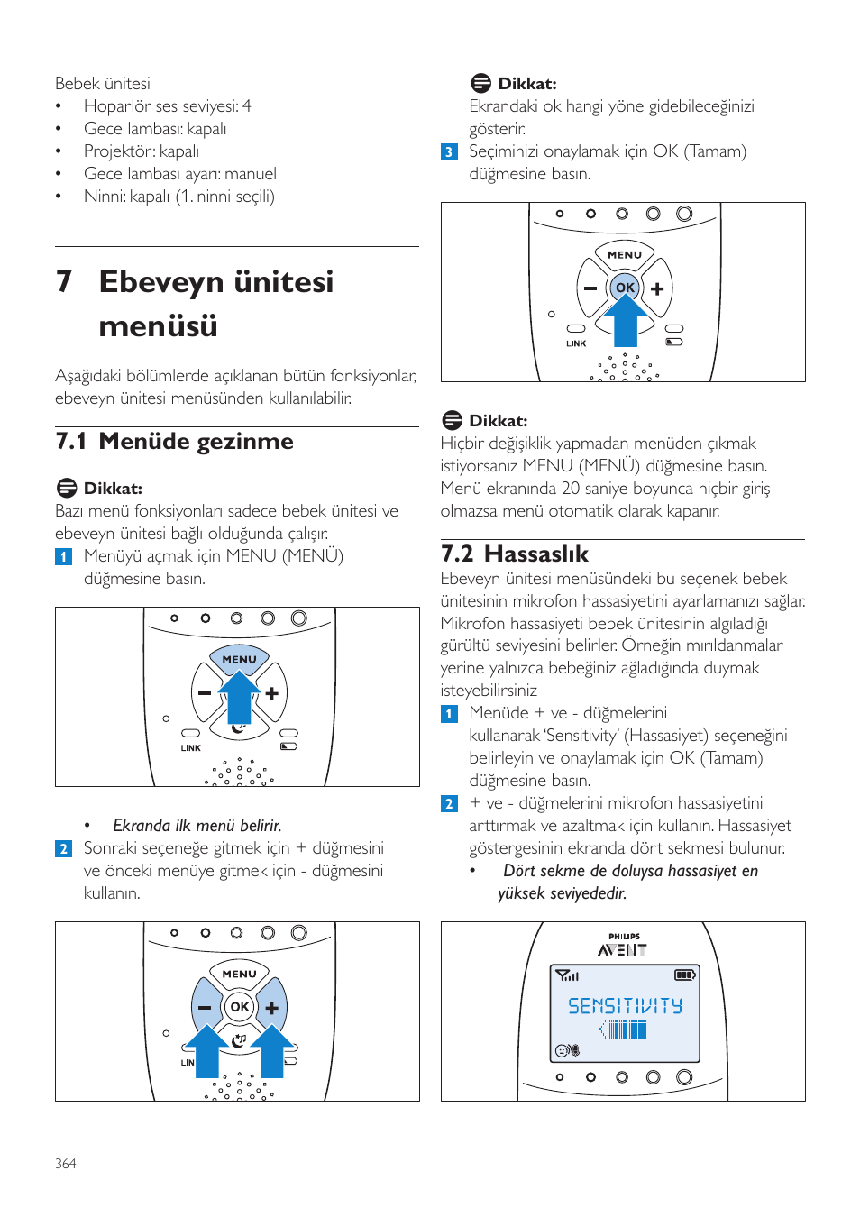 Ebeveyn ünitesi menüsü, 1 menüde gezinme, 2 hassaslık | 7 ebeveyn ünitesi menüsü | Philips AVENT Écoute-bébé DECT User Manual | Page 364 / 400