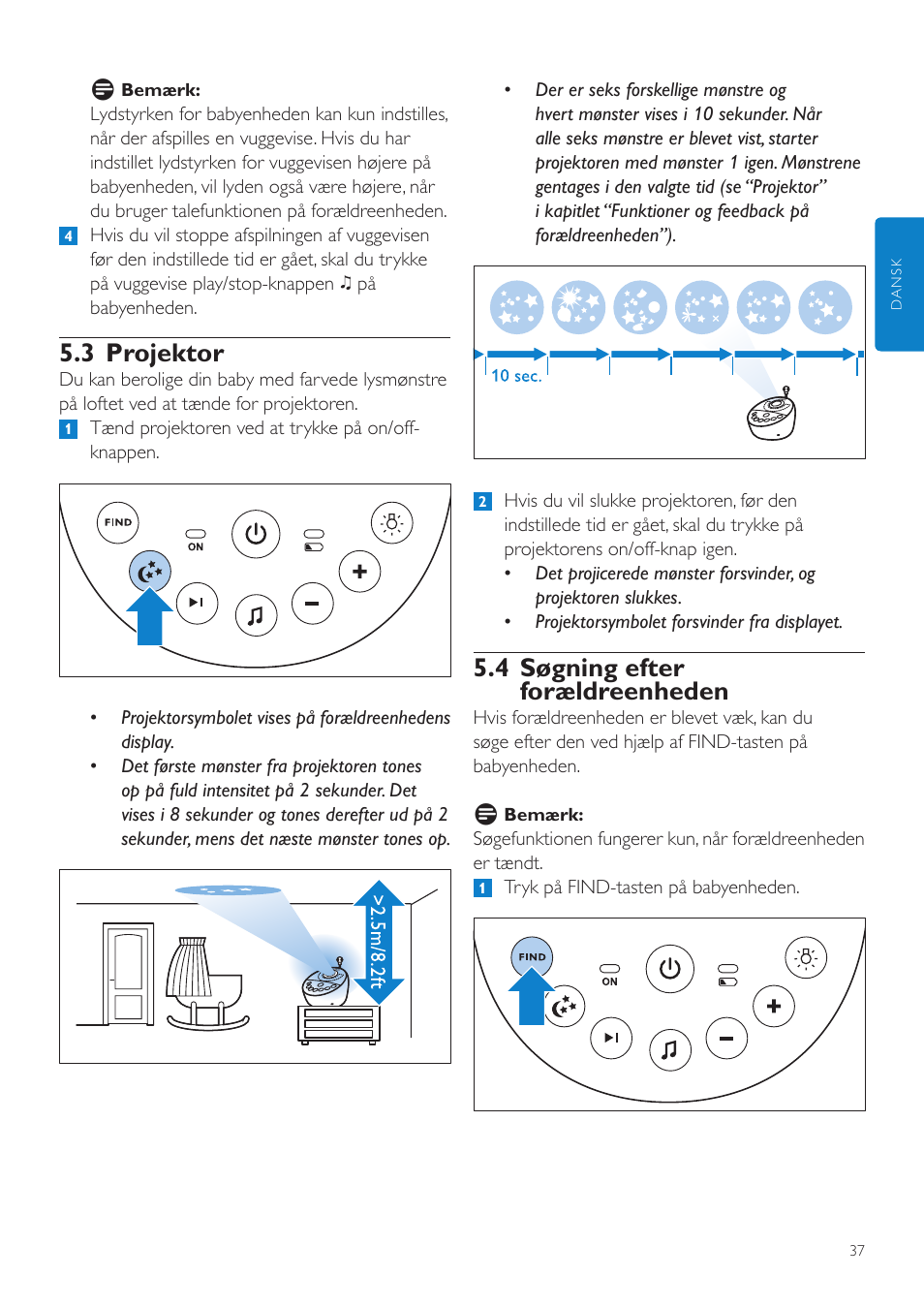 3 projektor, 4 søgning efter forældreenheden | Philips AVENT Écoute-bébé DECT User Manual | Page 37 / 400