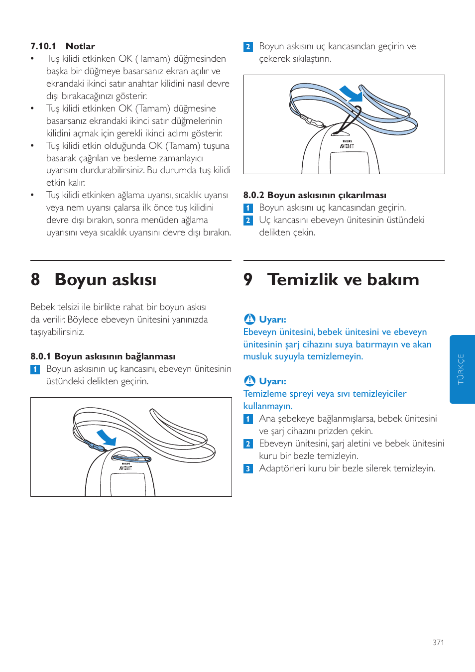 Boyun askısı, Temizlik ve bakım, 9 temizlik ve bakım | 8 boyun askısı | Philips AVENT Écoute-bébé DECT User Manual | Page 371 / 400