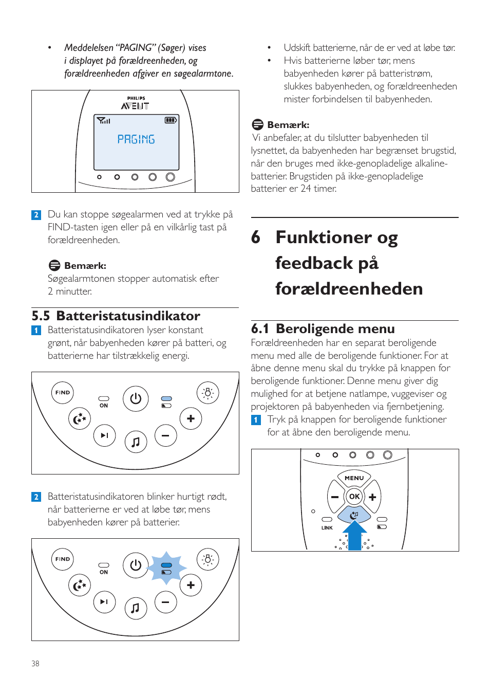 5 batteristatusindikator, Funktioner og feedback på, Forældreenheden | 1 beroligende menu, 6 funktioner og feedback på forældreenheden | Philips AVENT Écoute-bébé DECT User Manual | Page 38 / 400