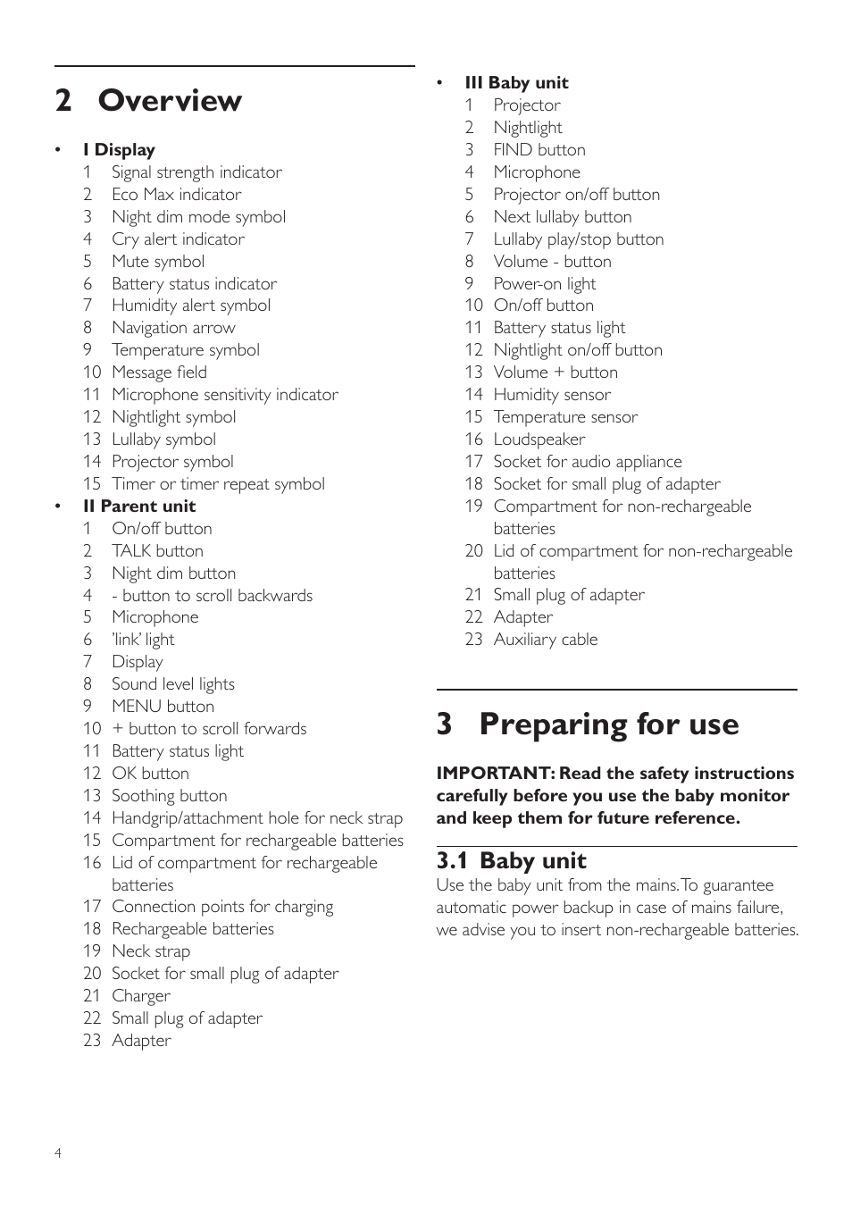 2 overview, Preparing for use, 1 baby unit | 3 preparing for use | Philips AVENT Écoute-bébé DECT User Manual | Page 4 / 400