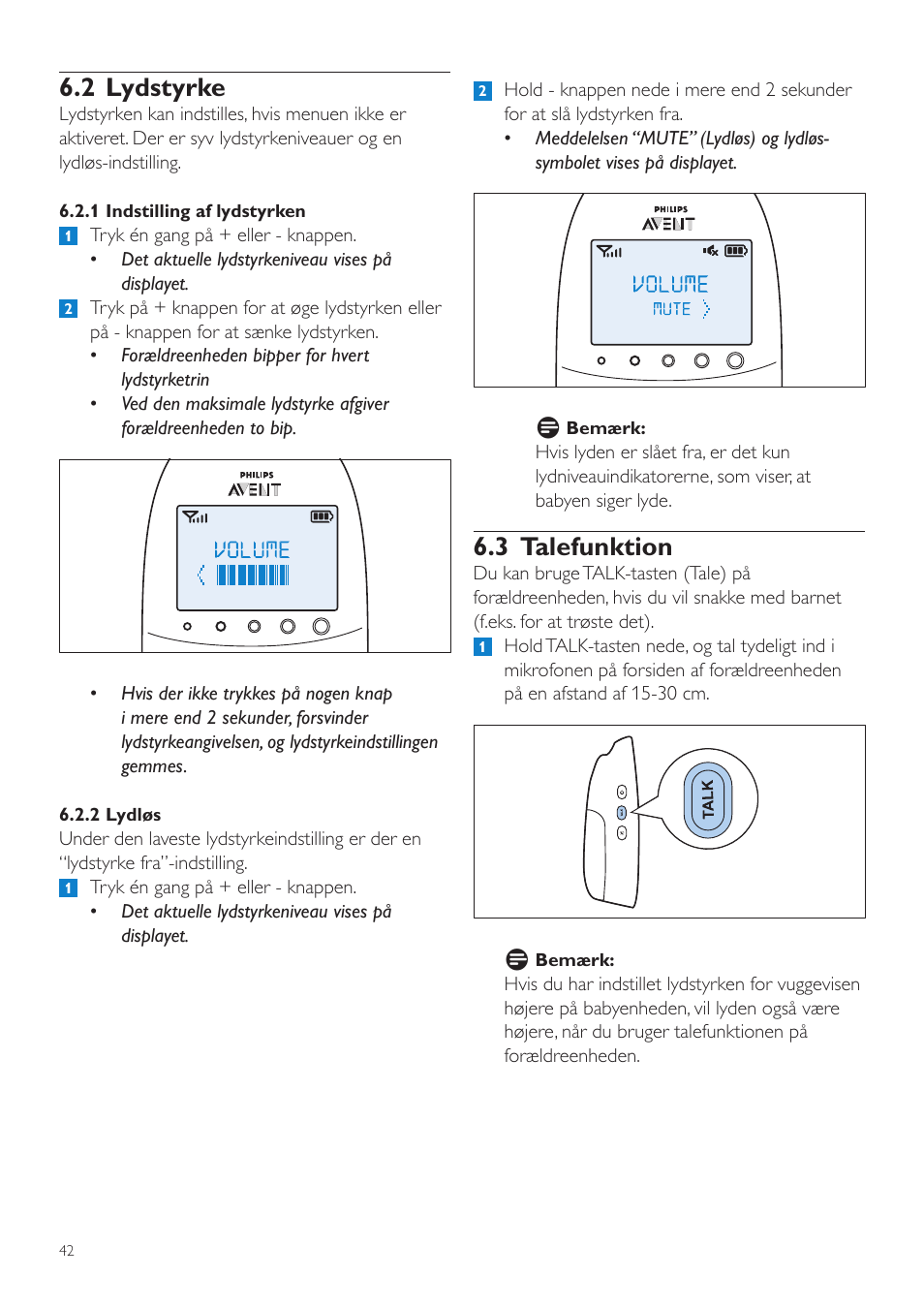 2 lydstyrke, 3 talefunktion | Philips AVENT Écoute-bébé DECT User Manual | Page 42 / 400