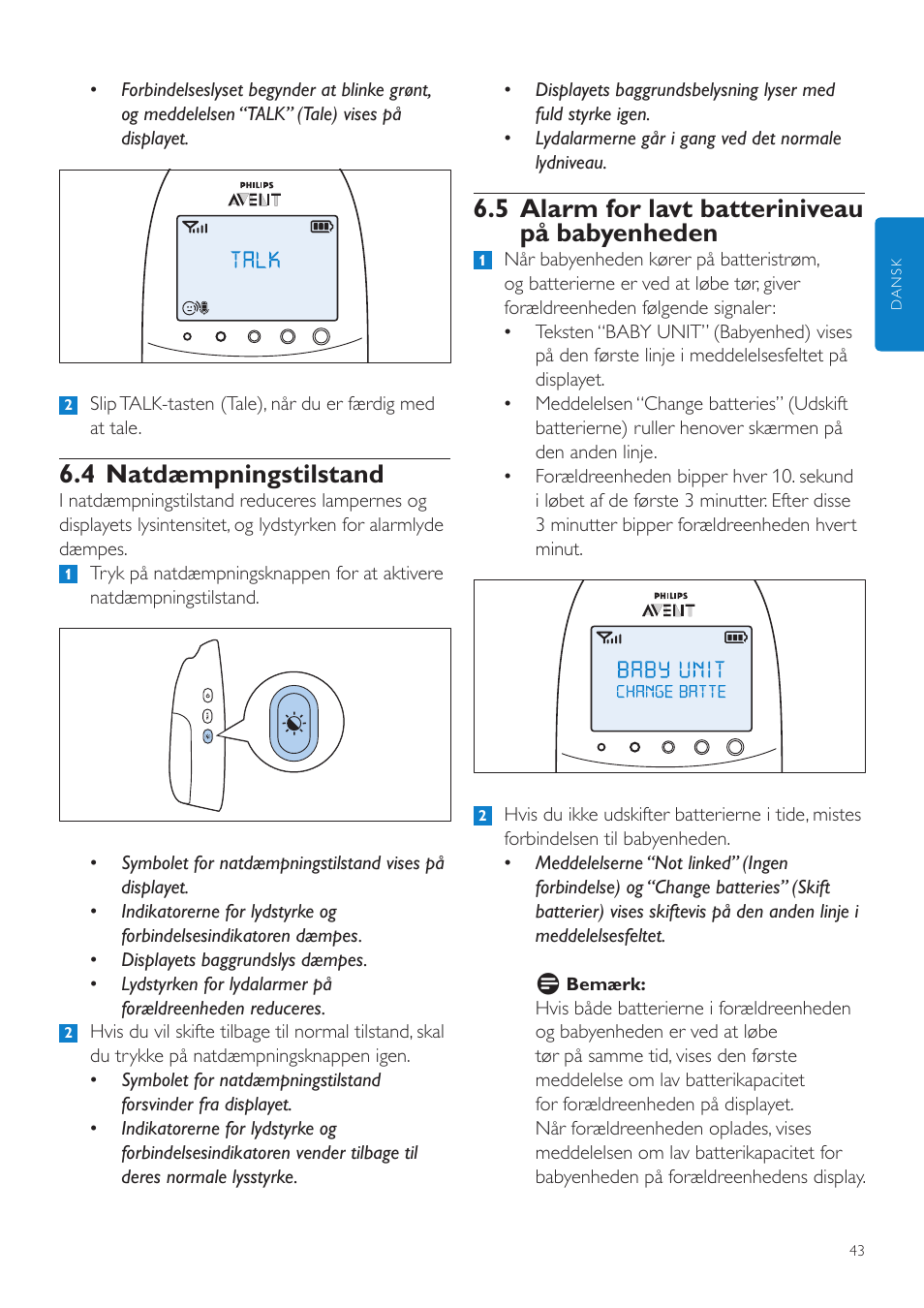 4 natdæmpningstilstand, 5 alarm for lavt batteriniveau på, Babyenheden | 5 alarm for lavt batteriniveau på babyenheden | Philips AVENT Écoute-bébé DECT User Manual | Page 43 / 400