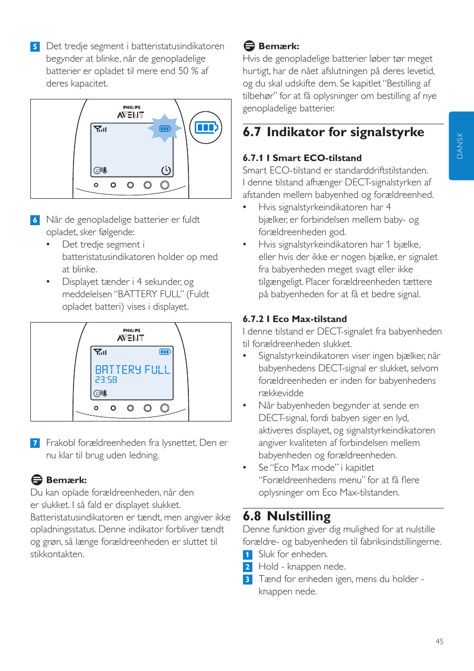 7 indikator for signalstyrke, 8 nulstilling | Philips AVENT Écoute-bébé DECT User Manual | Page 45 / 400