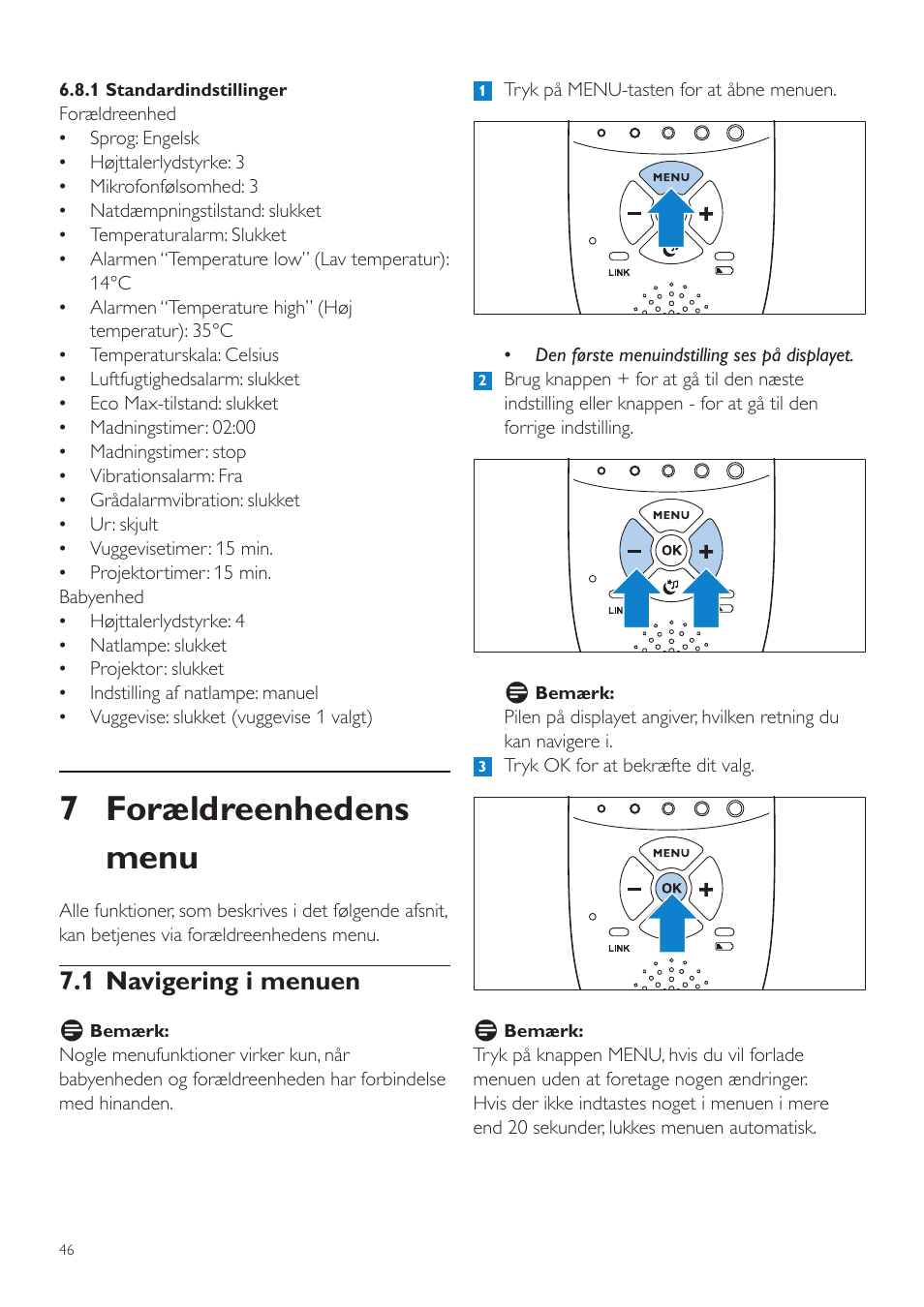 Forældreenhedens menu, 1 navigering i menuen, 7 forældreenhedens menu | Philips AVENT Écoute-bébé DECT User Manual | Page 46 / 400