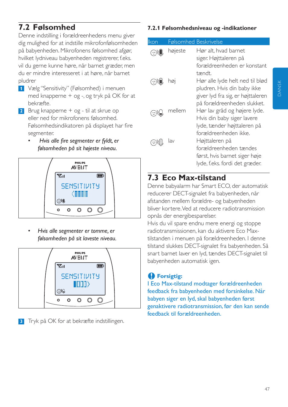 2 følsomhed, 3 eco max-tilstand | Philips AVENT Écoute-bébé DECT User Manual | Page 47 / 400