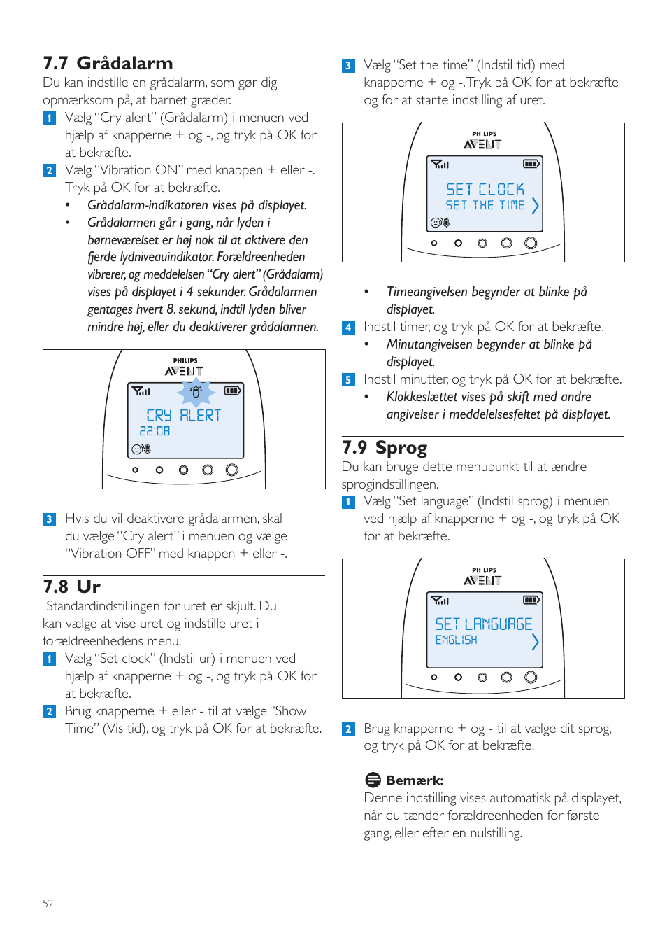 9 sprog, 7 grådalarm, 8 ur | Philips AVENT Écoute-bébé DECT User Manual | Page 52 / 400