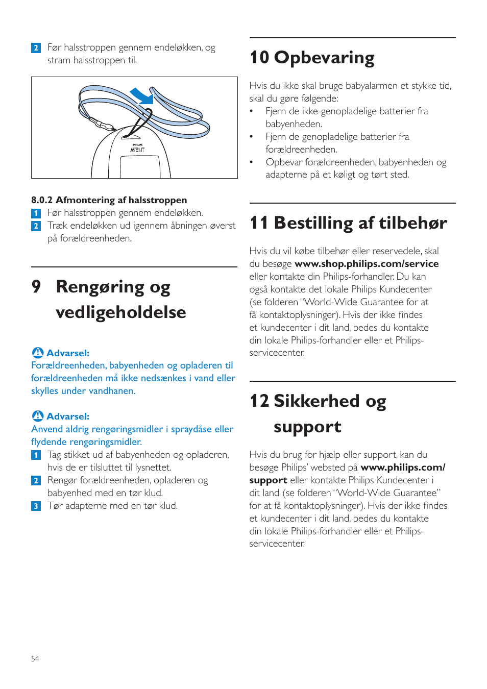 Rengøring og vedligeholdelse, 10 opbevaring, 11 bestilling af tilbehør | 12 sikkerhed og support, 9 rengøring og vedligeholdelse | Philips AVENT Écoute-bébé DECT User Manual | Page 54 / 400