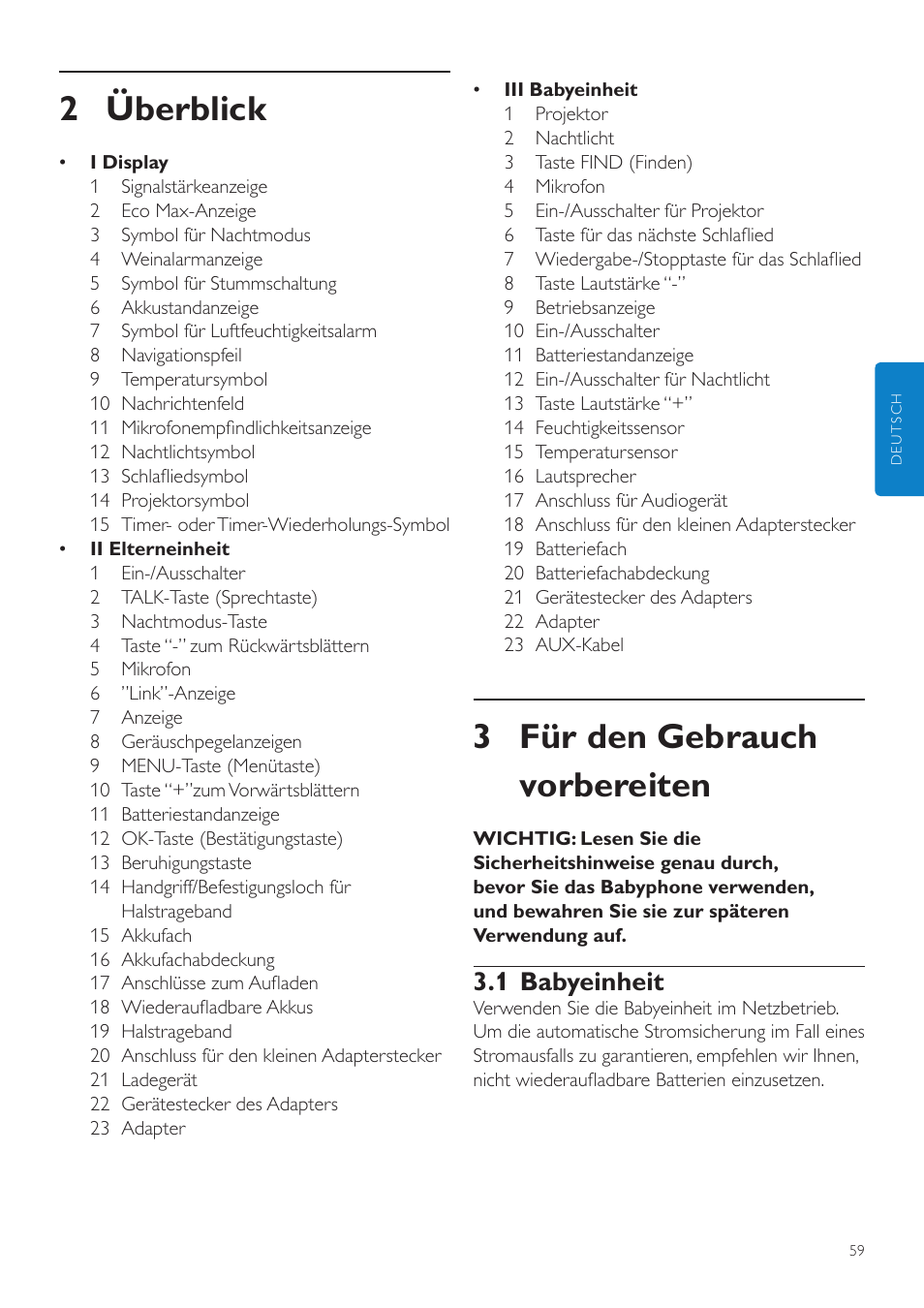 2 überblick, Für den gebrauch vorbereiten, 1 babyeinheit | 3 für den gebrauch vorbereiten | Philips AVENT Écoute-bébé DECT User Manual | Page 59 / 400