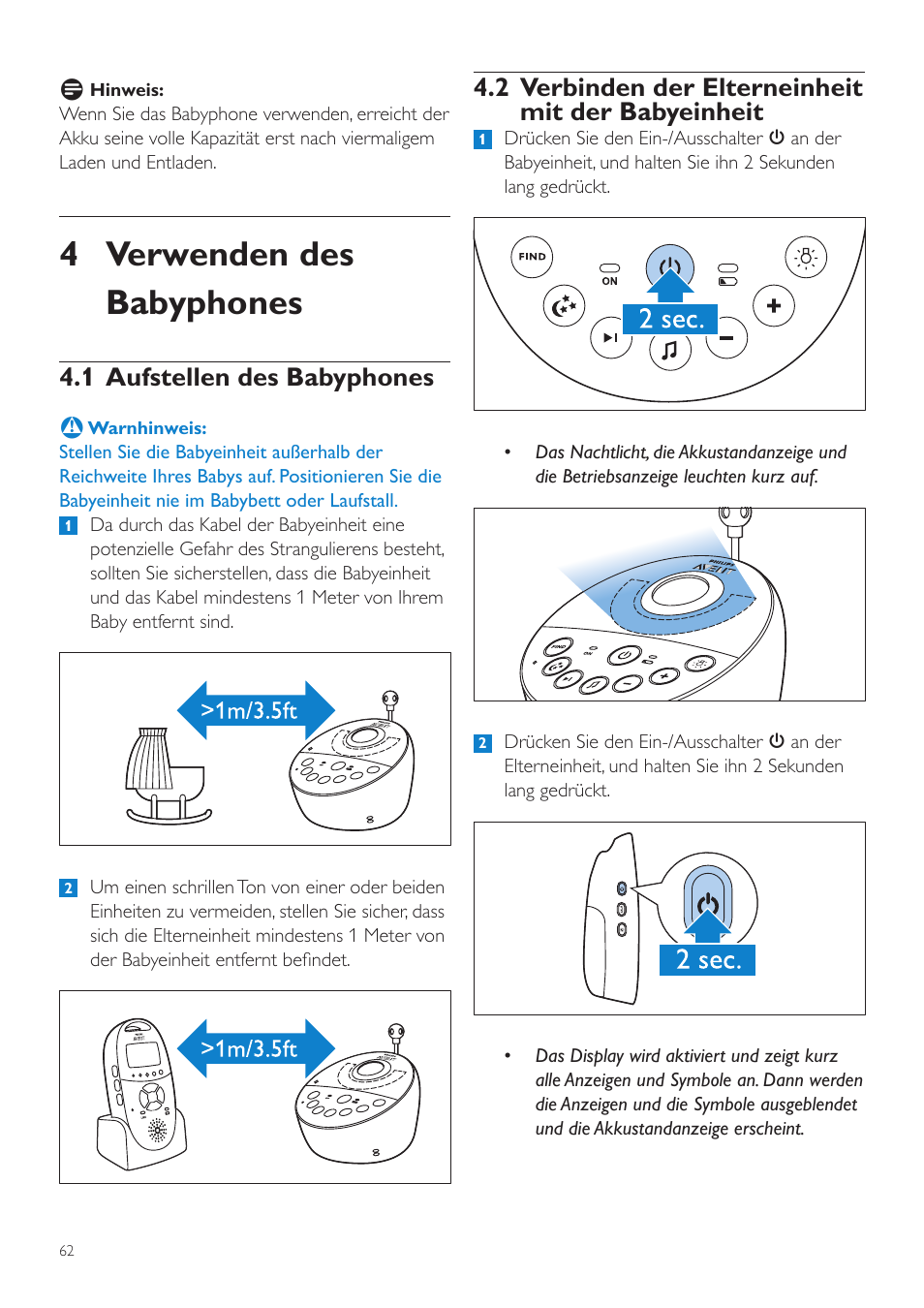 Verwenden des babyphones, 1 aufstellen des babyphones, 2 verbinden der elterneinheit mit der | Babyeinheit 62, 4 verwenden des babyphones, 2 verbinden der elterneinheit mit der babyeinheit | Philips AVENT Écoute-bébé DECT User Manual | Page 62 / 400