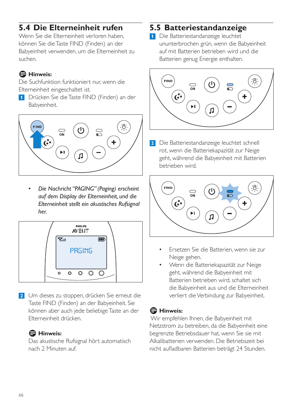 4 die elterneinheit rufen, 5 batteriestandanzeige | Philips AVENT Écoute-bébé DECT User Manual | Page 66 / 400