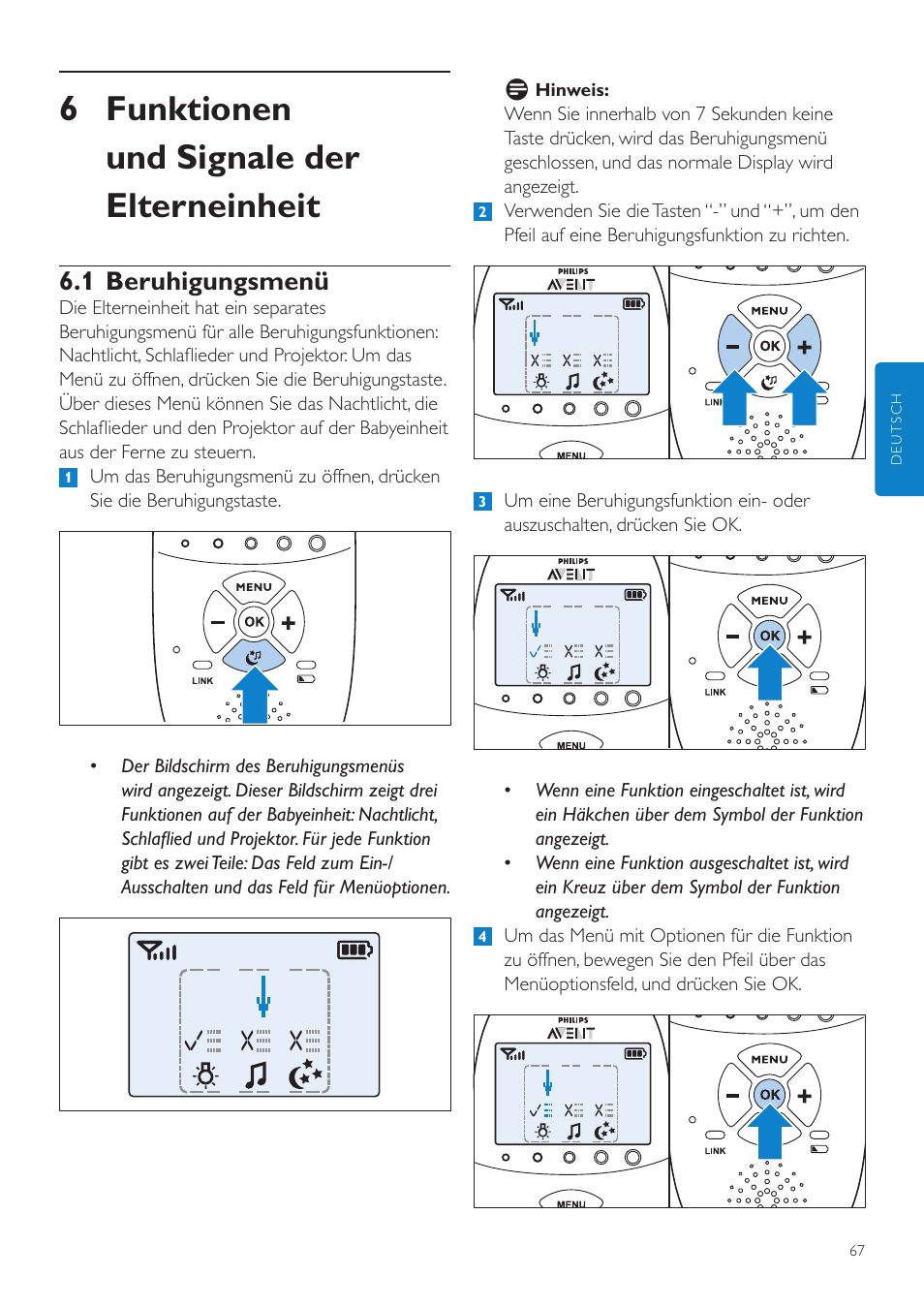 Funktionen und signale der, Elterneinheit, 1 beruhigungsmenü | 6 funktionen und signale der elterneinheit | Philips AVENT Écoute-bébé DECT User Manual | Page 67 / 400