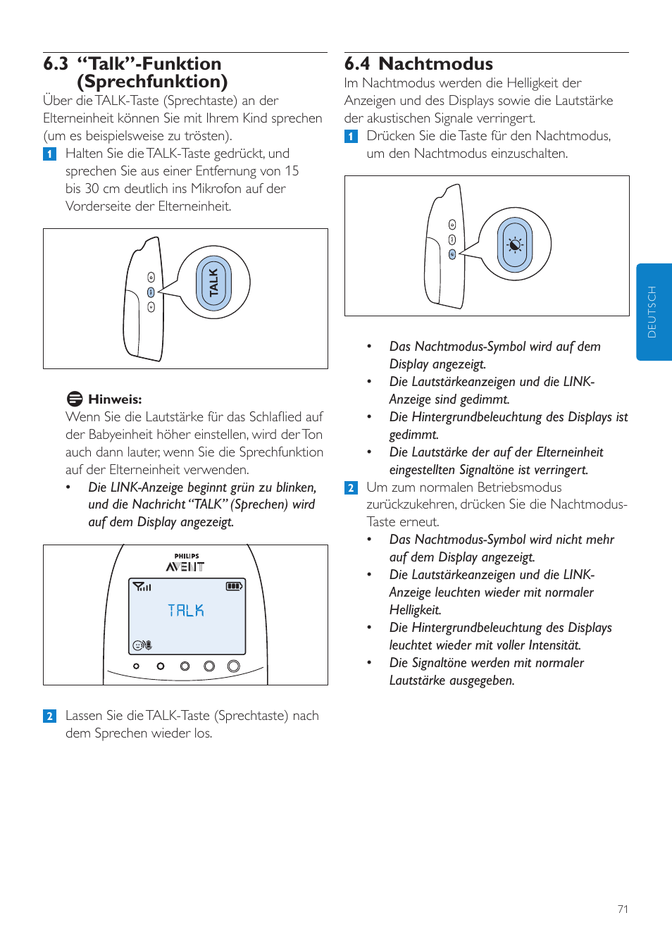 3 “talk”-funktion (sprechfunktion), 4 nachtmodus | Philips AVENT Écoute-bébé DECT User Manual | Page 71 / 400