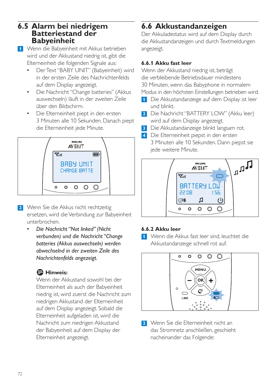 5 alarm bei niedrigem batteriestand, Der babyeinheit, 6 akkustandanzeigen | Philips AVENT Écoute-bébé DECT User Manual | Page 72 / 400