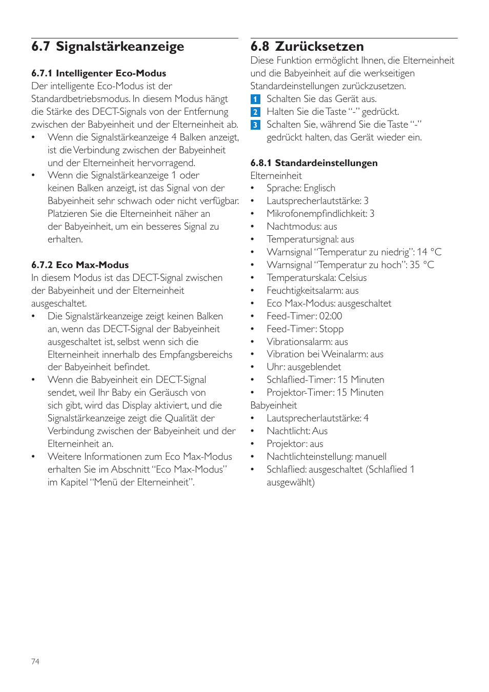 7 signalstärkeanzeige, 8 zurücksetzen | Philips AVENT Écoute-bébé DECT User Manual | Page 74 / 400