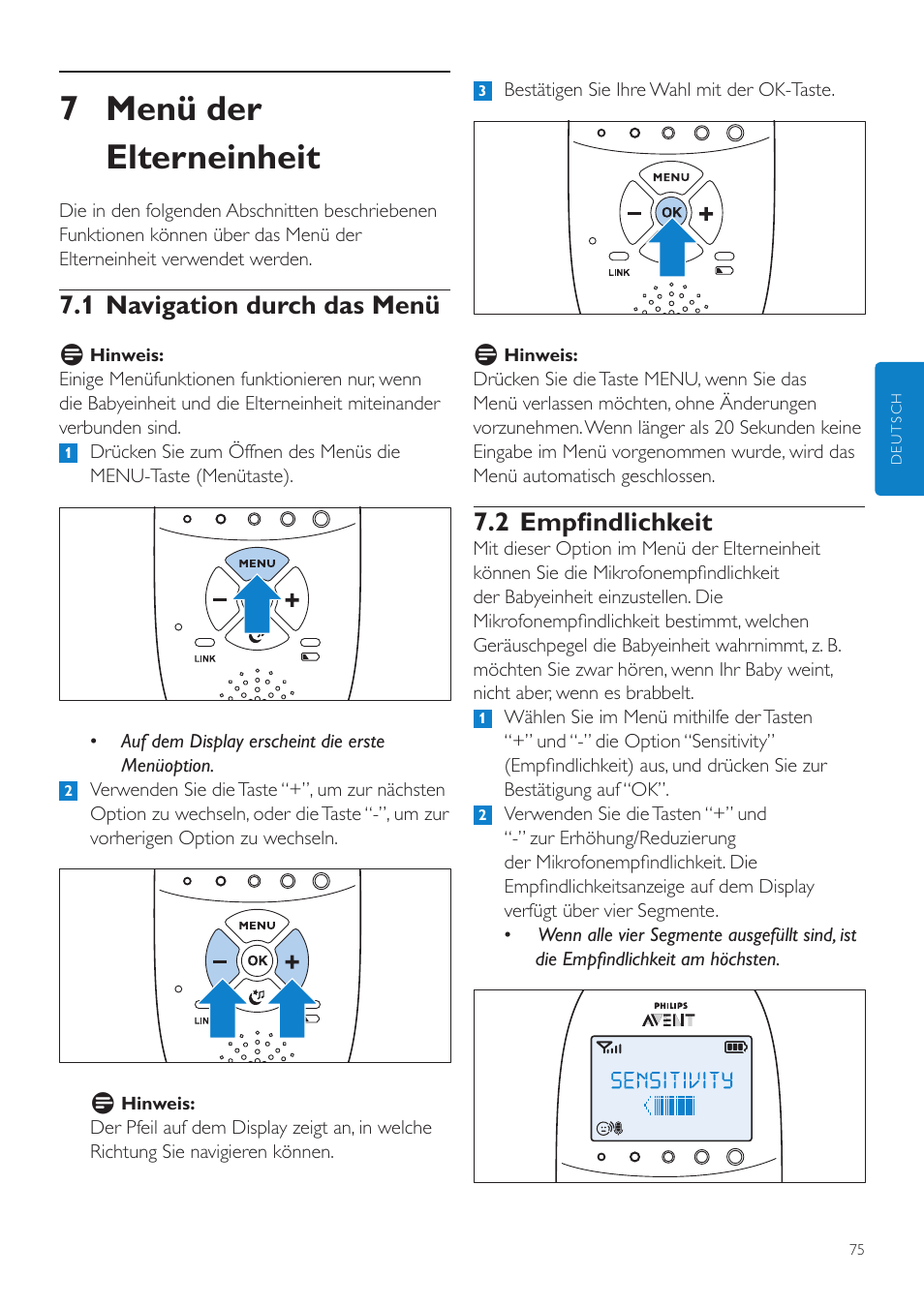 Menü der elterneinheit, 1 navigation durch das menü, 2 empfindlichkeit | 7 menü der elterneinheit | Philips AVENT Écoute-bébé DECT User Manual | Page 75 / 400