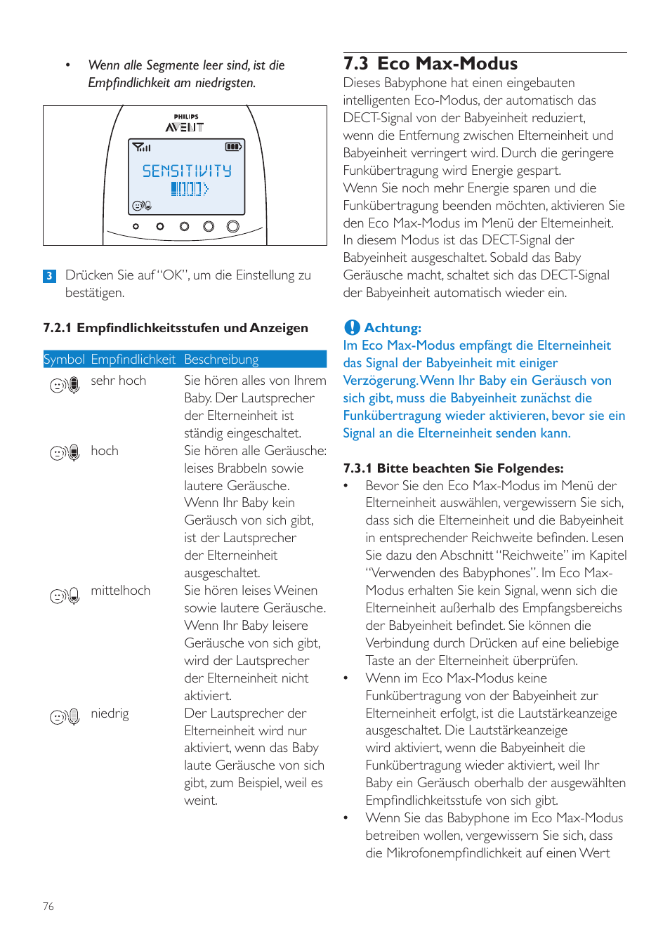 3 eco max-modus | Philips AVENT Écoute-bébé DECT User Manual | Page 76 / 400