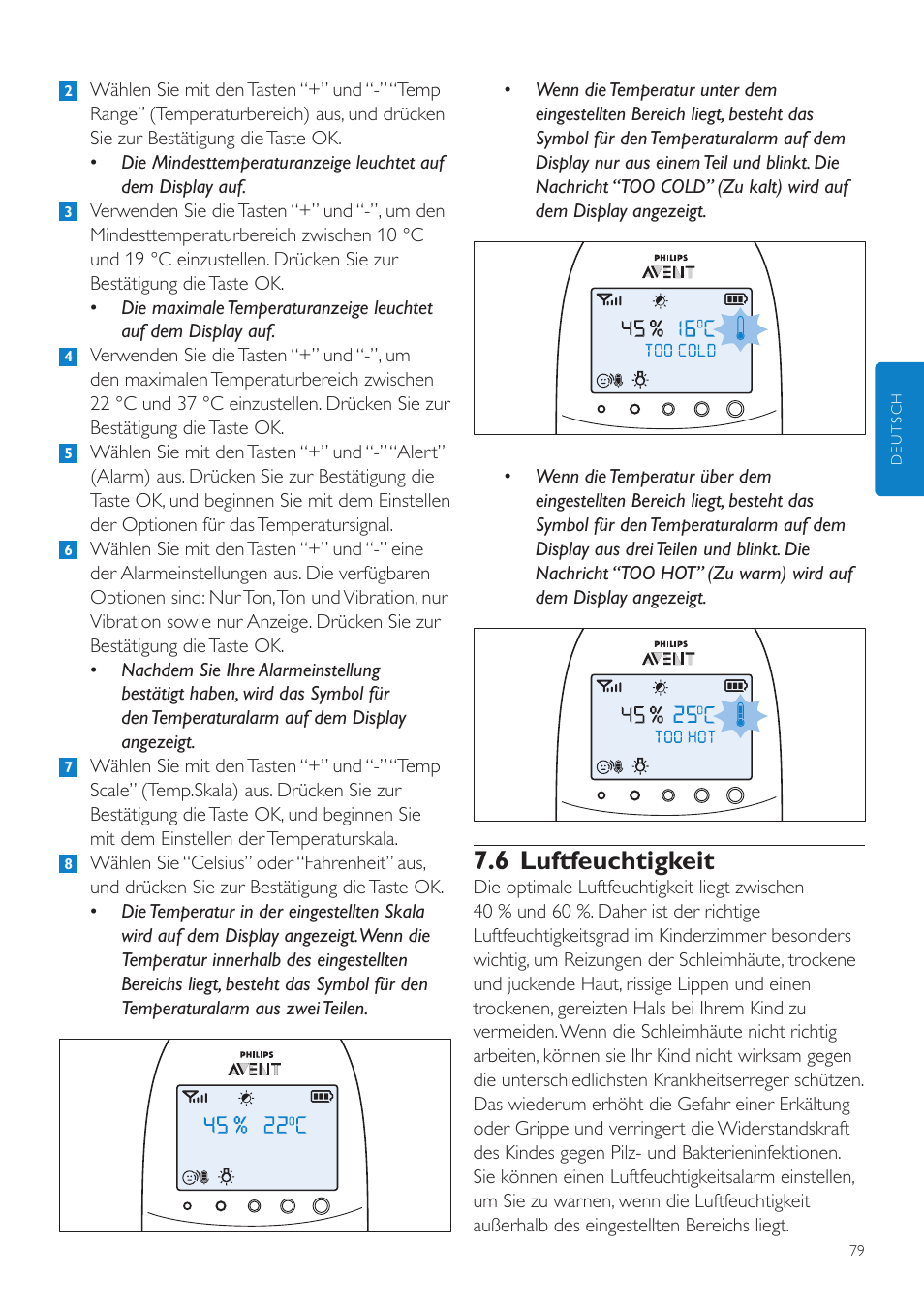 6 luftfeuchtigkeit | Philips AVENT Écoute-bébé DECT User Manual | Page 79 / 400