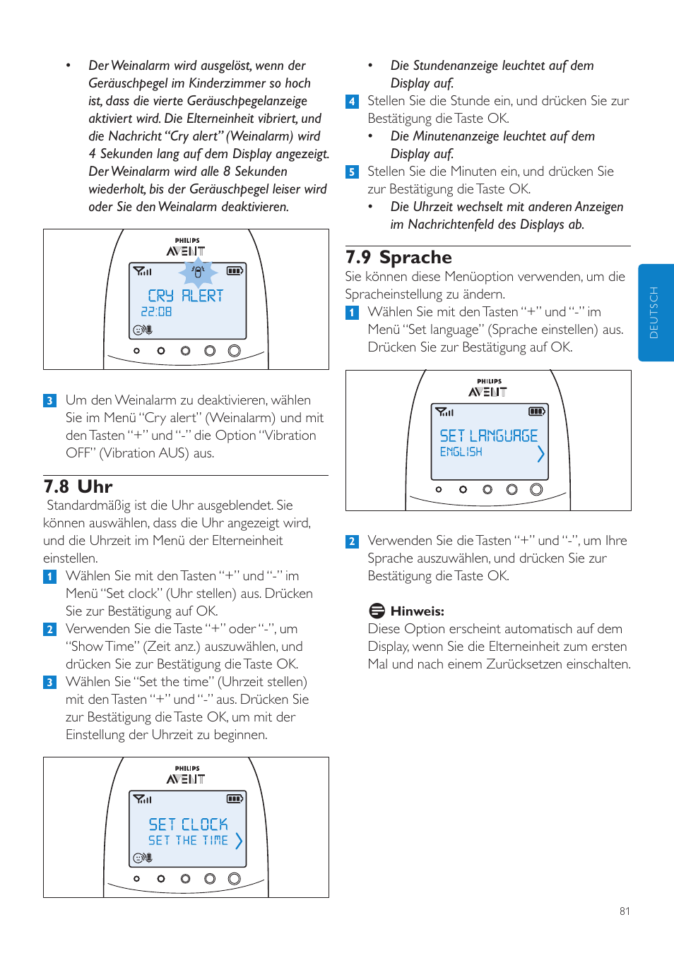 9 sprache, 8 uhr | Philips AVENT Écoute-bébé DECT User Manual | Page 81 / 400