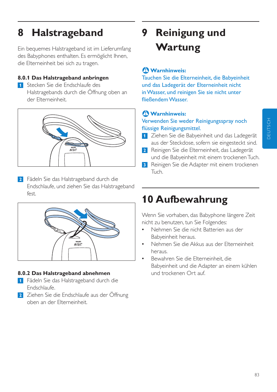 8 halstrageband, Reinigung und wartung, 10 aufbewahrung | 9 reinigung und wartung | Philips AVENT Écoute-bébé DECT User Manual | Page 83 / 400