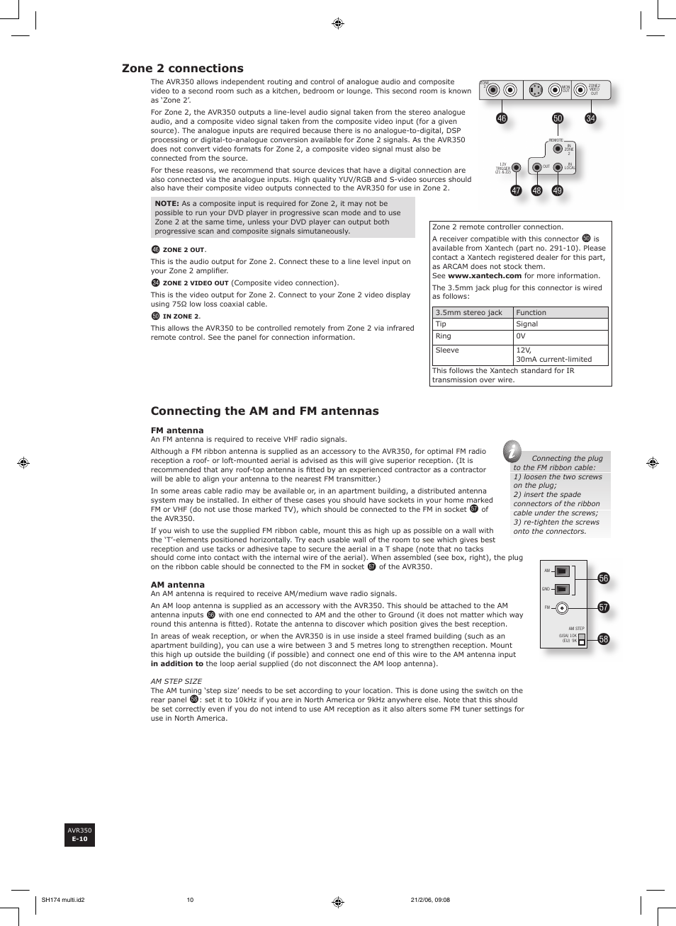 Fq fr fs, Zone 2 connections, Connecting the am and fm antennas | Arcam AVR350 User Manual | Page 10 / 48