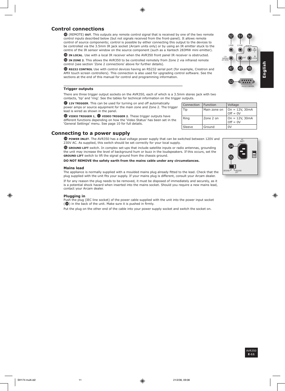 Fo fp, Control connections es, Connecting to a power supply fo | Arcam AVR350 User Manual | Page 11 / 48