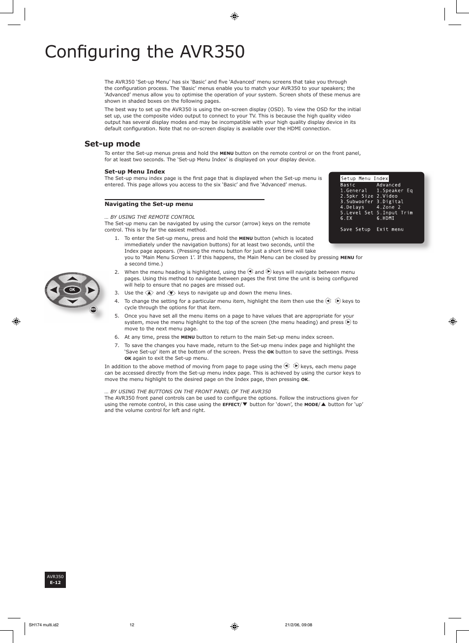 Confi guring the avr350, Set-up mode | Arcam AVR350 User Manual | Page 12 / 48