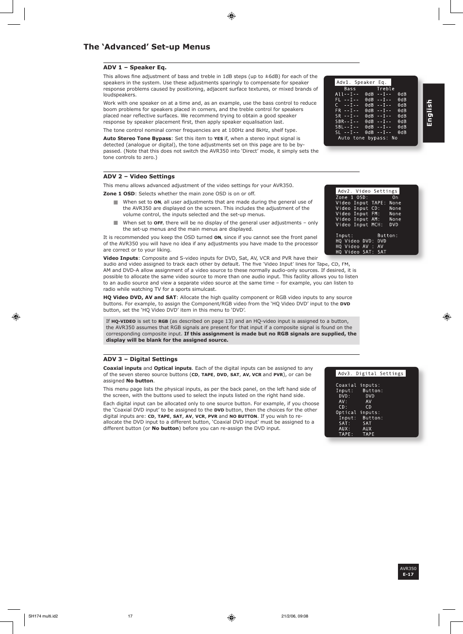 The ‘advanced’ set-up menus | Arcam AVR350 User Manual | Page 17 / 48