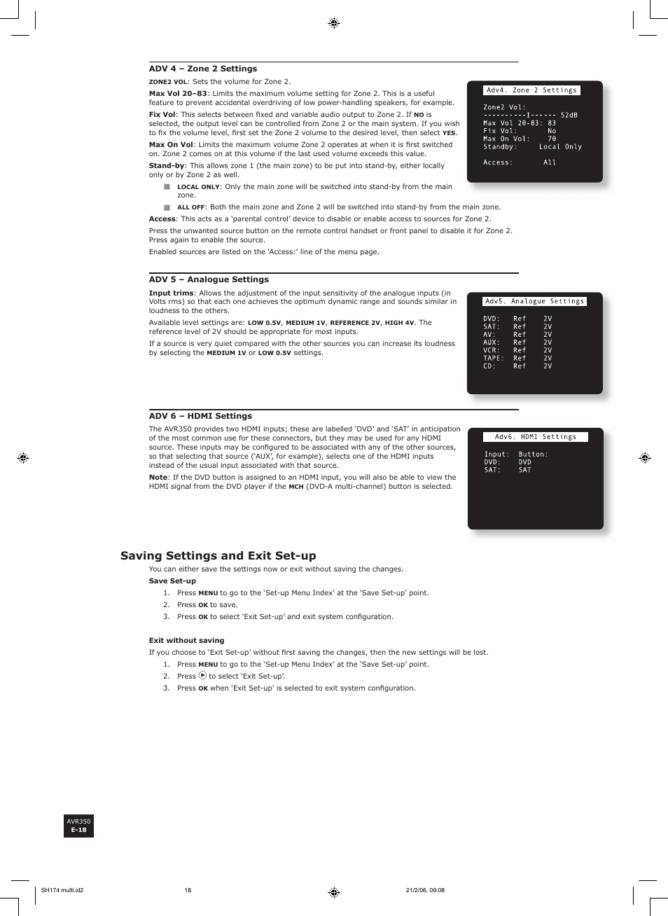 Saving settings and exit set-up | Arcam AVR350 User Manual | Page 18 / 48