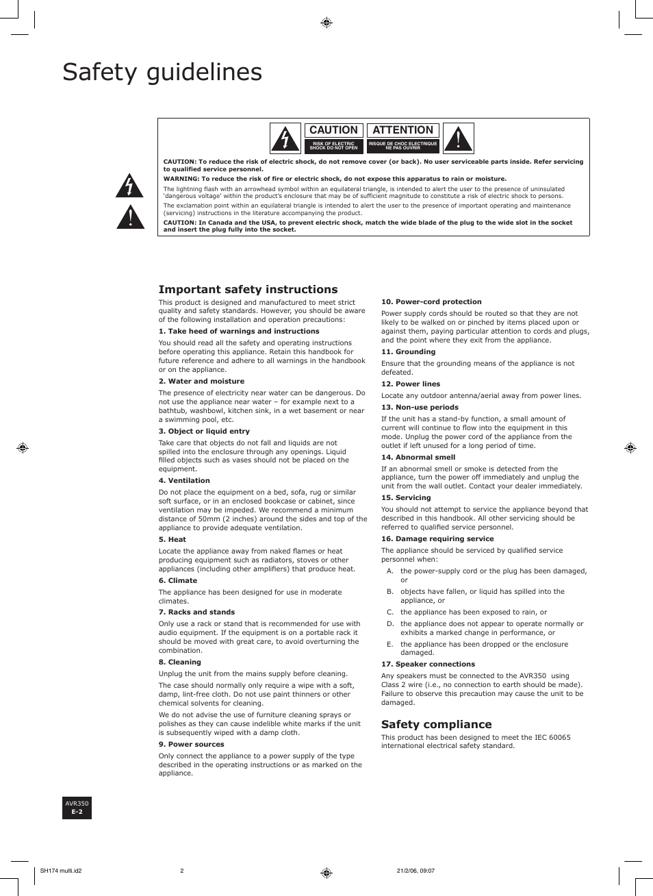 Safety guidelines, Attention caution, Important safety instructions | Safety compliance | Arcam AVR350 User Manual | Page 2 / 48