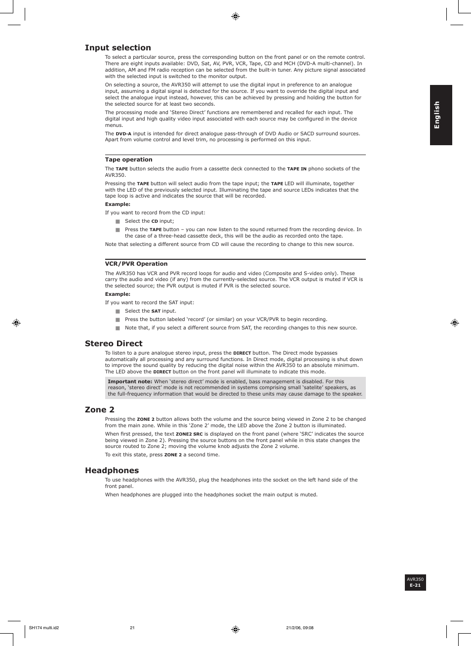 Input selection, Stereo direct, Zone 2 | Headphones | Arcam AVR350 User Manual | Page 21 / 48