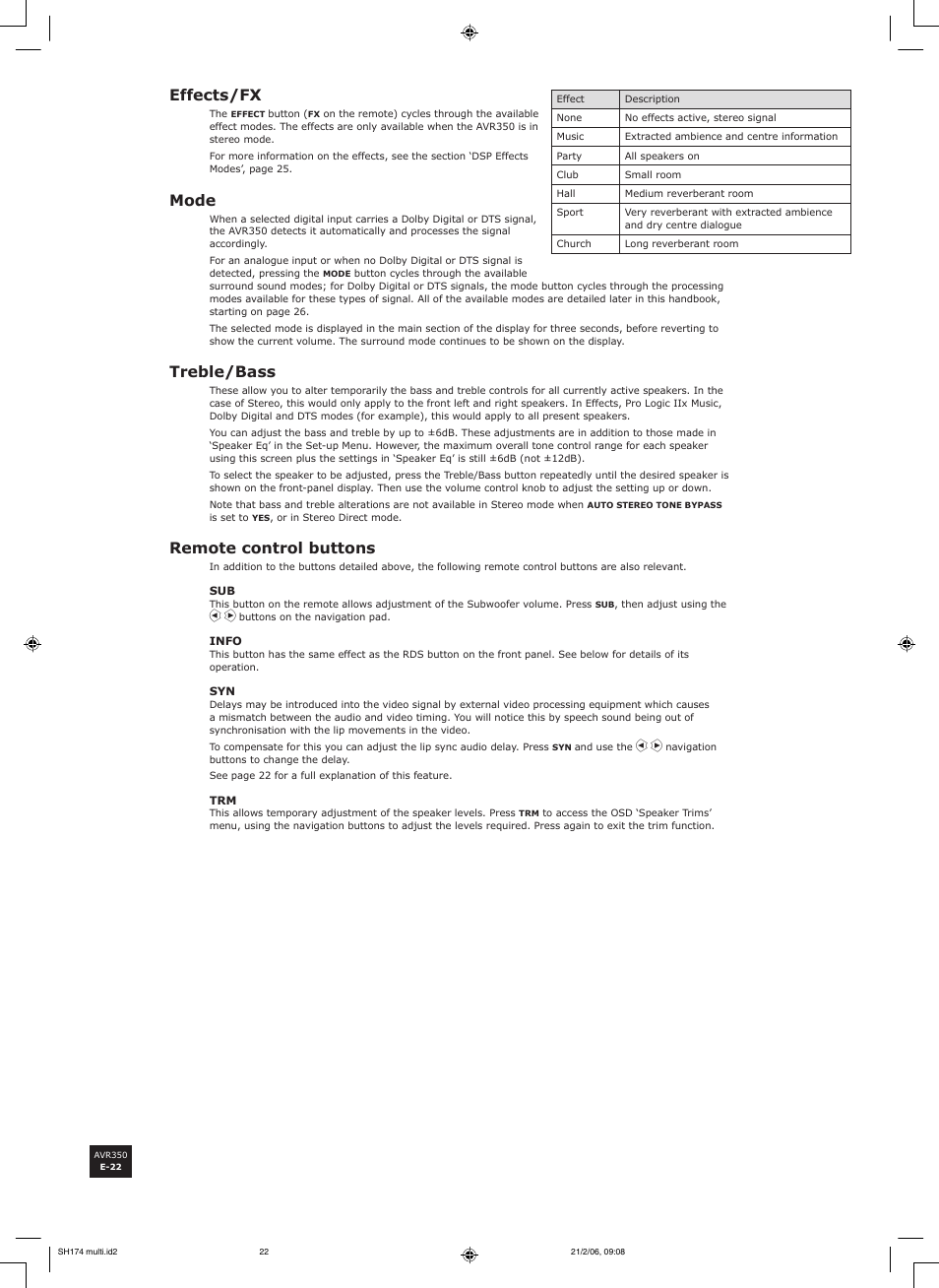 Effects/fx, Mode, Treble/bass | Remote control buttons | Arcam AVR350 User Manual | Page 22 / 48