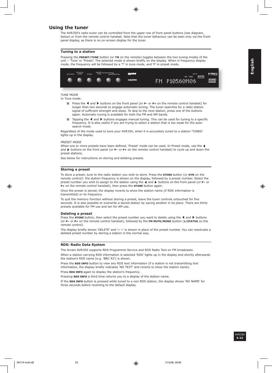 Using the tuner | Arcam AVR350 User Manual | Page 23 / 48
