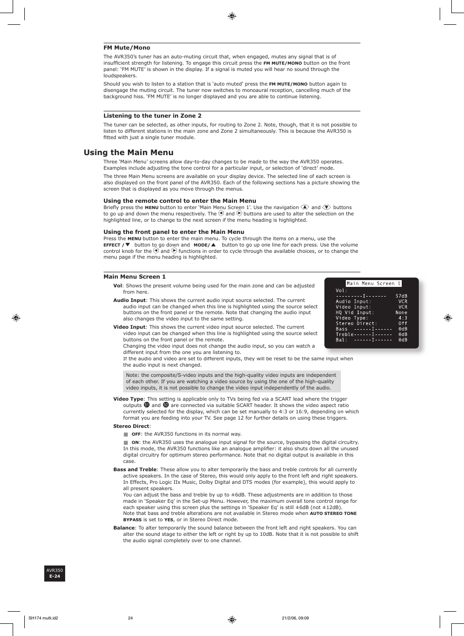 Using the main menu | Arcam AVR350 User Manual | Page 24 / 48