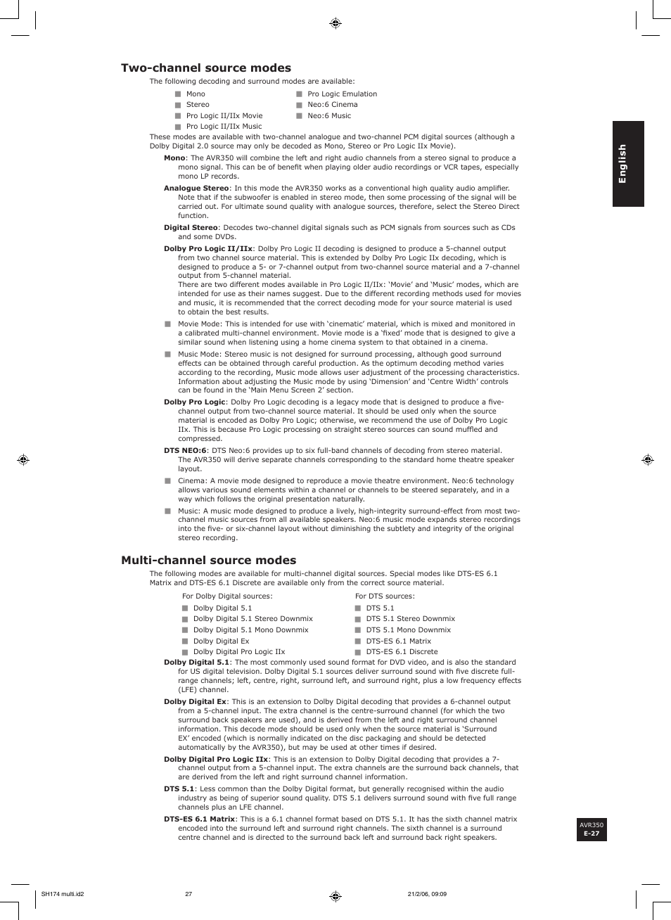 Two-channel source modes, Multi-channel source modes | Arcam AVR350 User Manual | Page 27 / 48