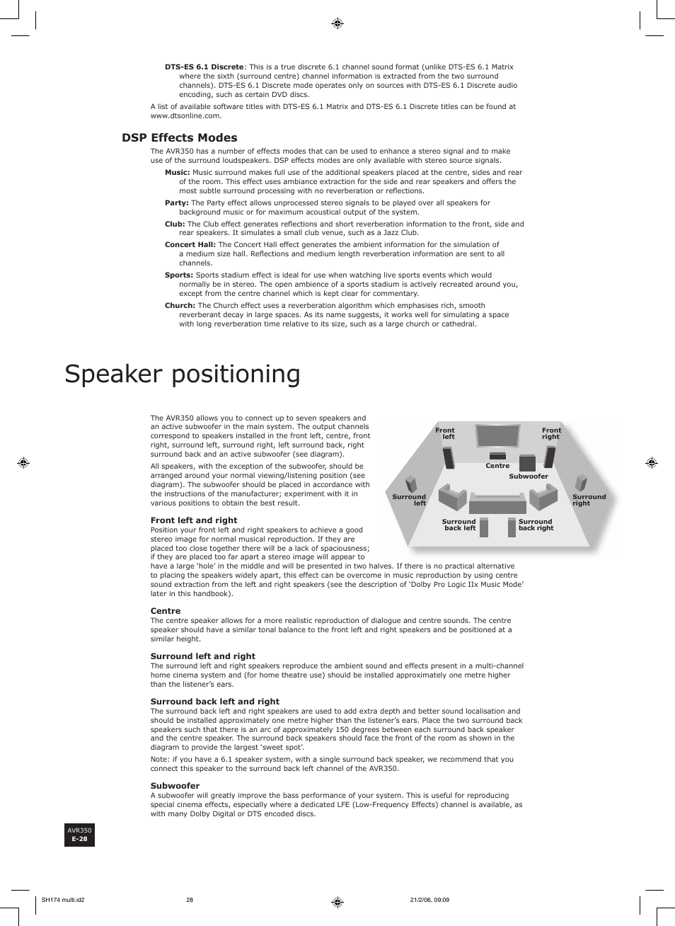 Speaker positioning, Dsp effects modes | Arcam AVR350 User Manual | Page 28 / 48