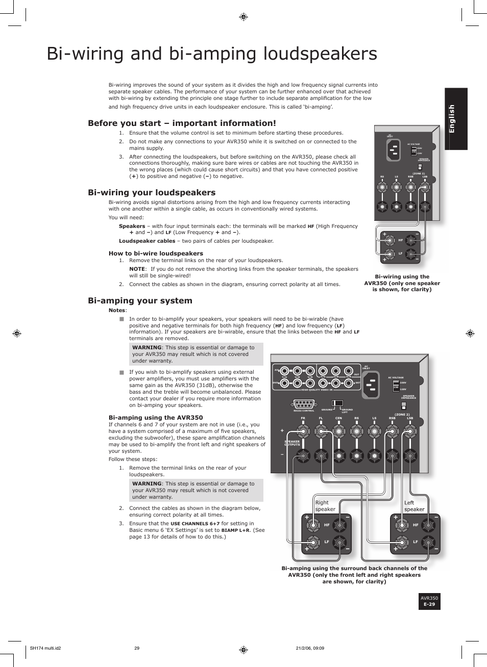 Bi-wiring and bi-amping loudspeakers, Before you start – important information, Bi-wiring your loudspeakers | Bi-amping your system | Arcam AVR350 User Manual | Page 29 / 48