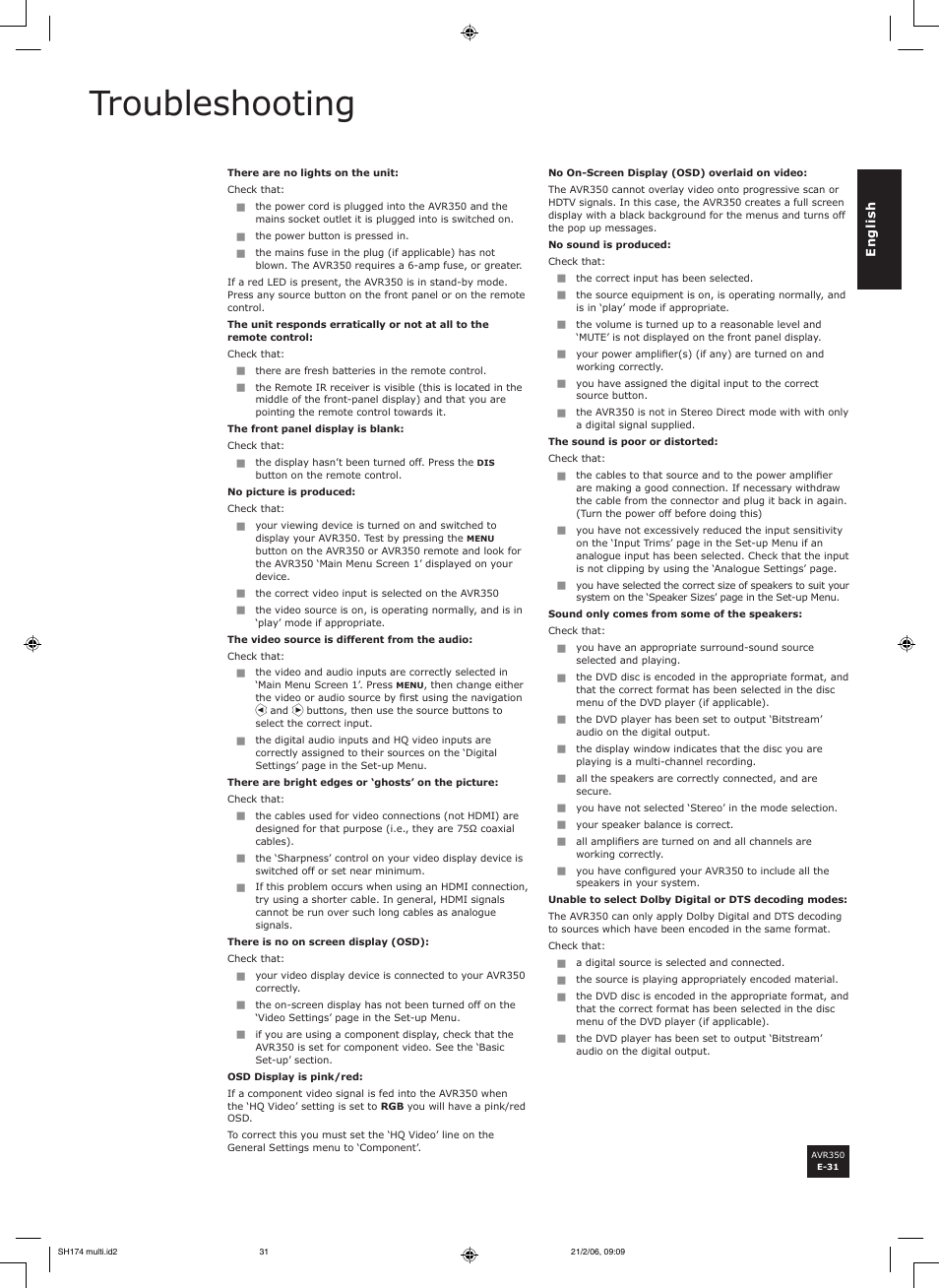 Troubleshooting | Arcam AVR350 User Manual | Page 31 / 48