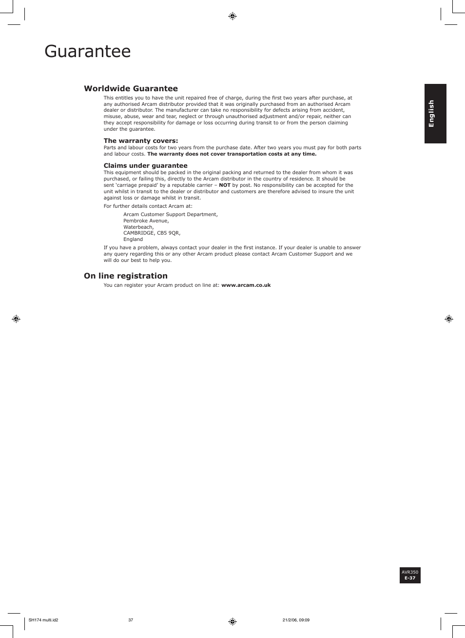 Guarantee | Arcam AVR350 User Manual | Page 37 / 48