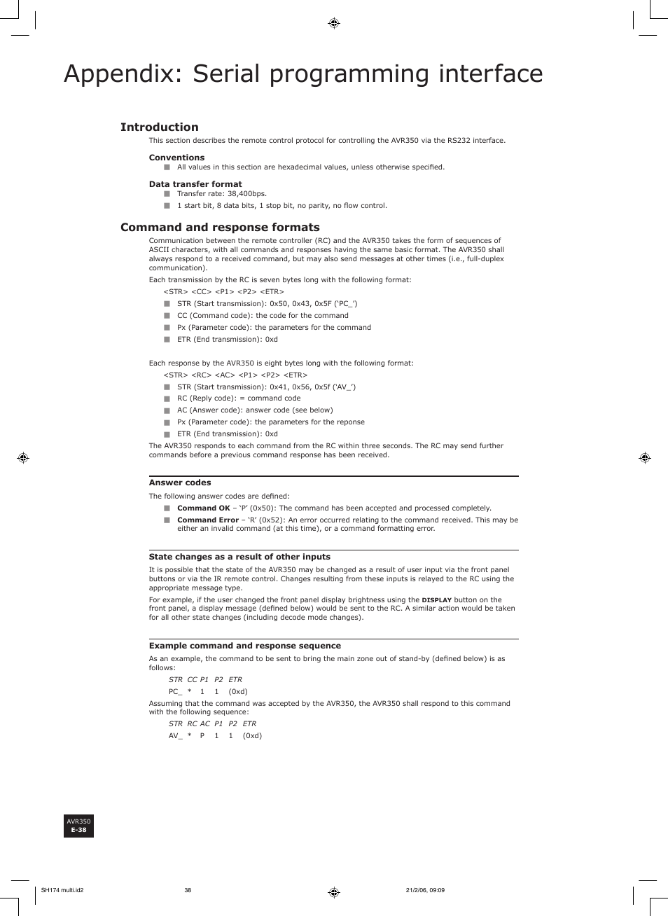 Appendix: serial programming interface, Introduction, Command and response formats | Arcam AVR350 User Manual | Page 38 / 48