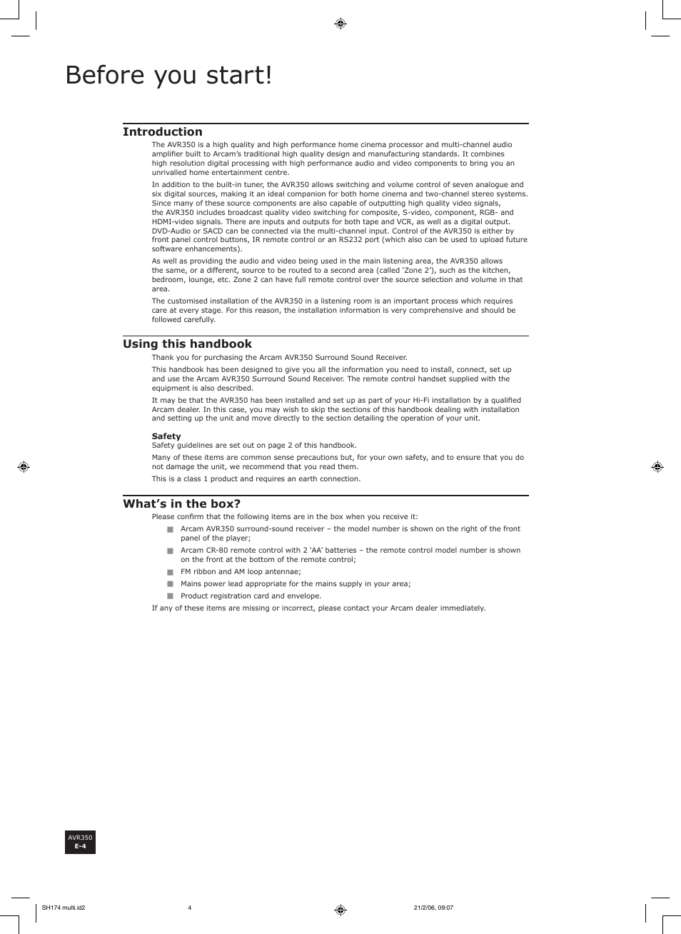 Before you start | Arcam AVR350 User Manual | Page 4 / 48