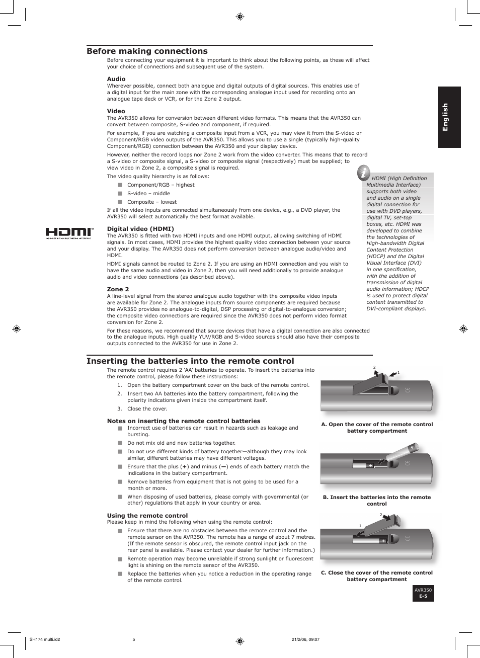 Before making connections, Inserting the batteries into the remote control | Arcam AVR350 User Manual | Page 5 / 48